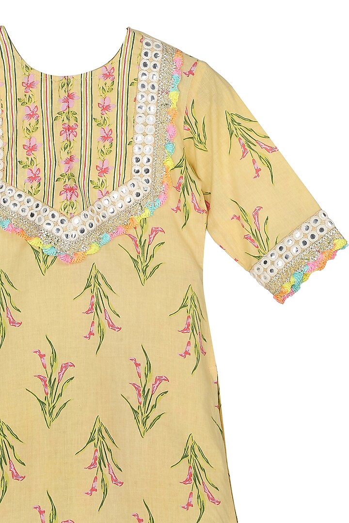 Yellow Cotton Block Printed Kurta Set For Girls by MINIME ORGANICS at Pernia's Pop Up Shop