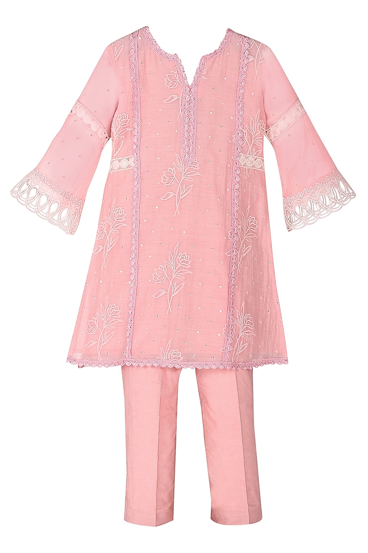 Rose Pink Chanderi Silk Cutwork Kurta Set For Girls by MINIME ORGANICS at Pernia's Pop Up Shop