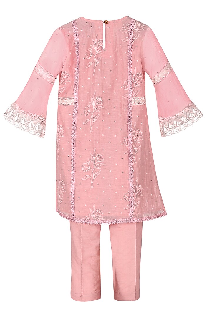 Rose Pink Chanderi Silk Cutwork Kurta Set For Girls by MINIME ORGANICS at Pernia's Pop Up Shop