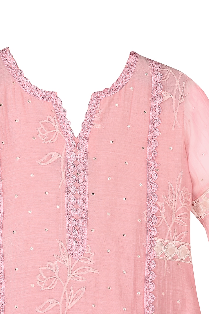 Rose Pink Chanderi Silk Cutwork Kurta Set For Girls by MINIME ORGANICS at Pernia's Pop Up Shop