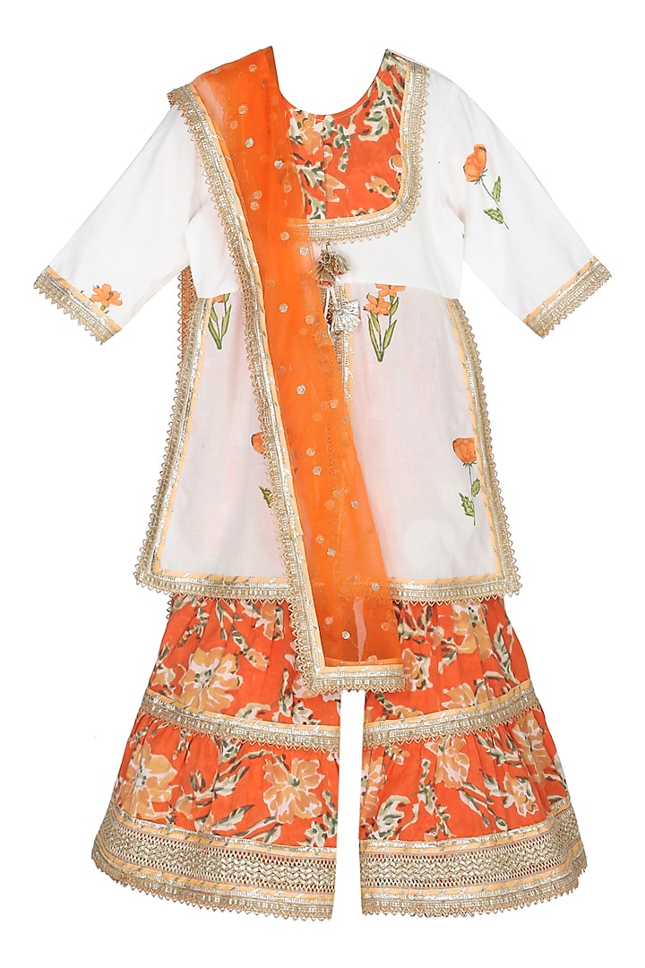 Orange Cotton Gota Patti Sharara Set For Girls by MINIME ORGANICS at Pernia's Pop Up Shop