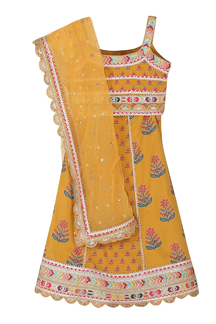 Yellow Cotton Block Printed Lehenga Set For Girls by MINIME ORGANICS at Pernia's Pop Up Shop