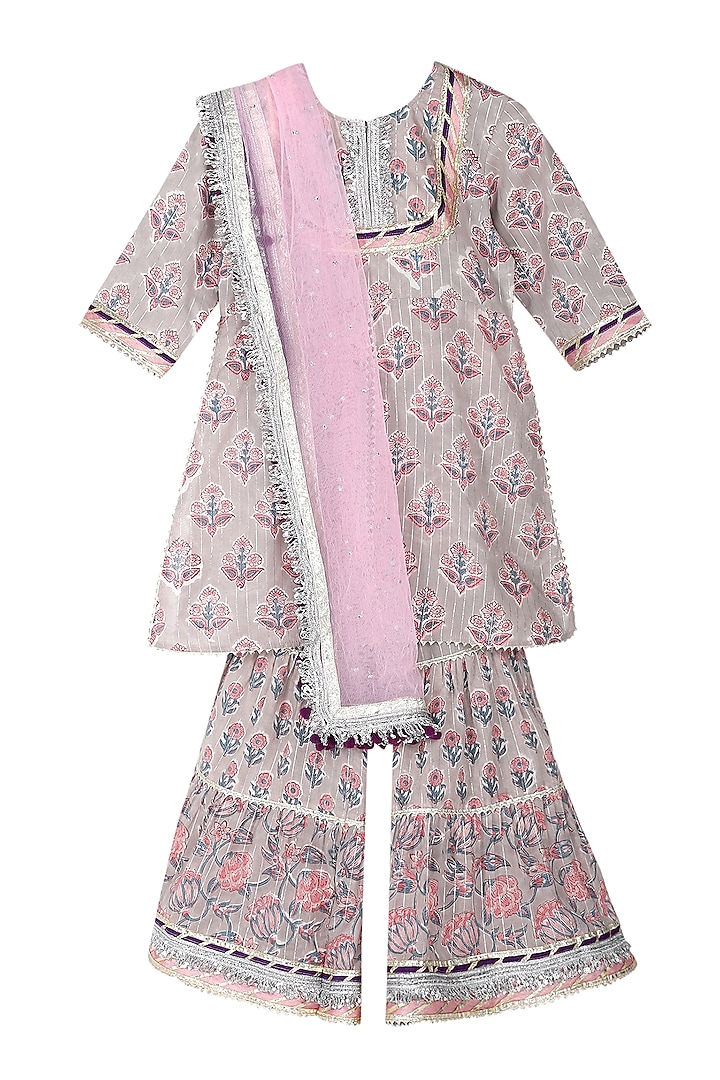 Grey Cotton Gota Patti Sharara Set For Girls by MINIME ORGANICS