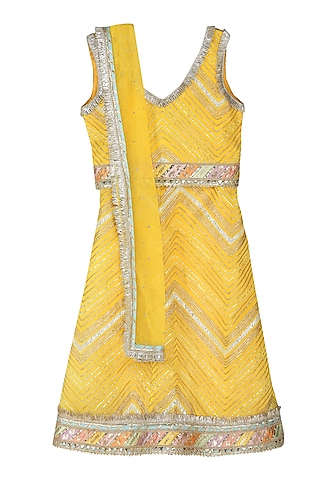 Light Yellow Cotton Shantoon Lehenga Set For Girls by MINIME ORGANICS