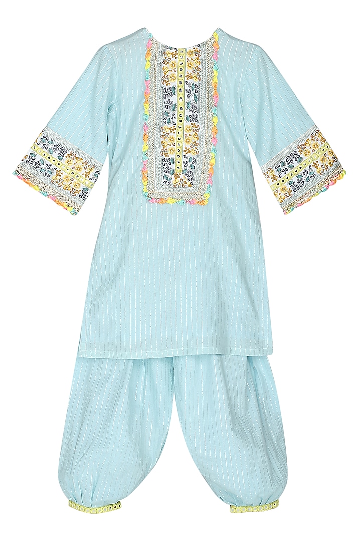 Light Blue Cotton Kurta Set For Girls by MINIME ORGANICS at Pernia's Pop Up Shop