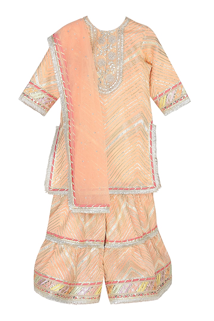 Peach Cotton Shantoon Gota Patti Work Sharara Set For Girls by MINIME ORGANICS at Pernia's Pop Up Shop