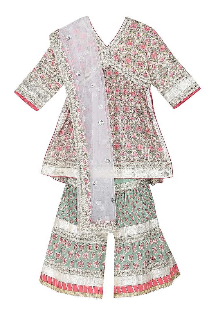 Green Cotton Sharara Set For Girls by MINIME ORGANICS