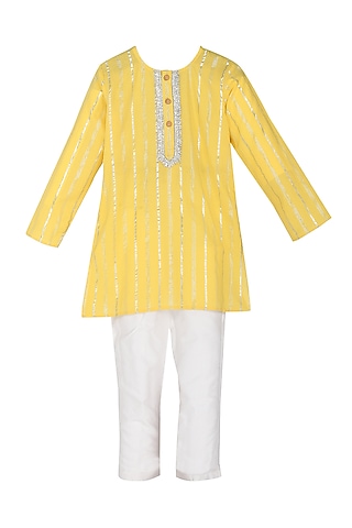 Yellow Cotton lurex Kurta Set For Boys by MINIME ORGANICS