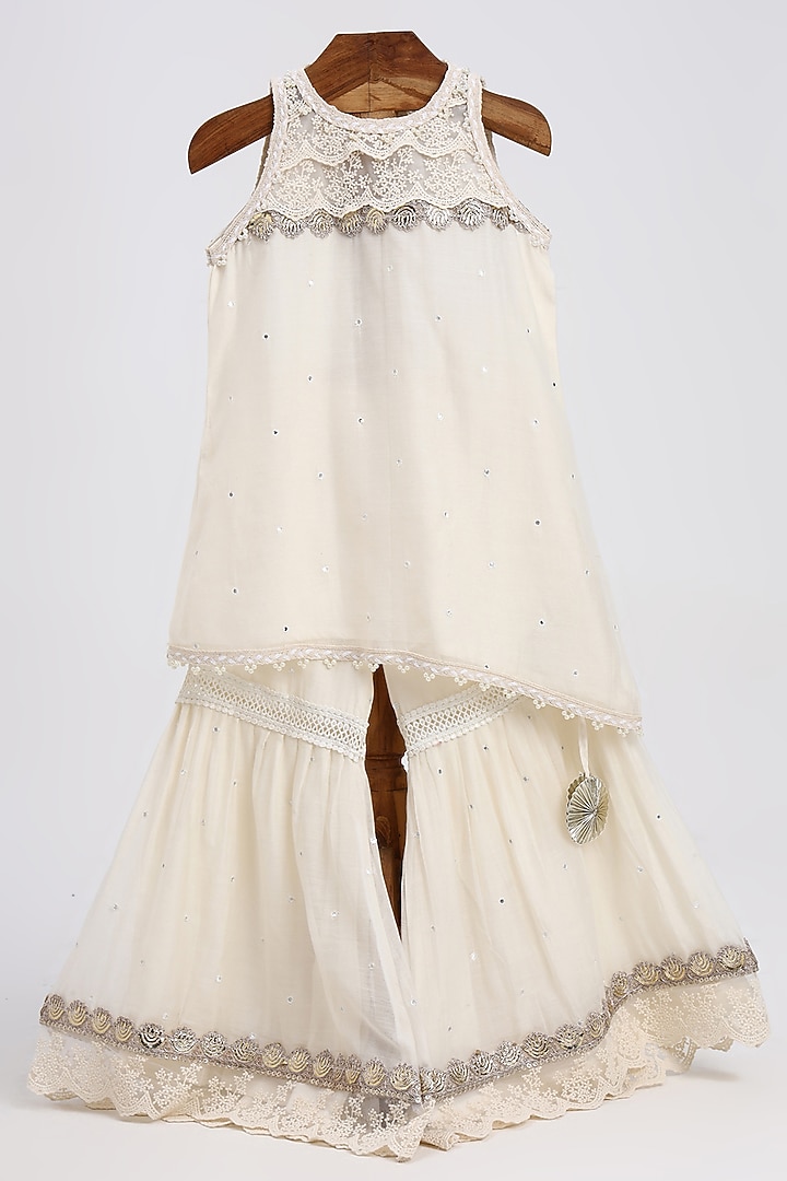 Off-White Chanderi Mirror Sequin Embellished Sharara Set For Girls by MINIME ORGANICS at Pernia's Pop Up Shop