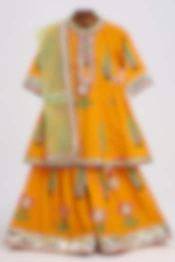 Haldi Yellow Cotton Block Printed Kurta Set For Girls by MINIME ORGANICS at Pernia's Pop Up Shop