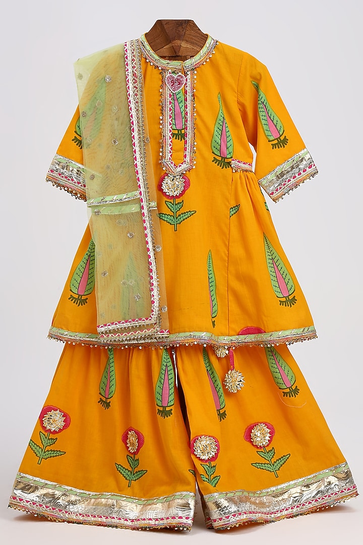 Haldi Yellow Cotton Block Printed Kurta Set For Girls by MINIME ORGANICS at Pernia's Pop Up Shop