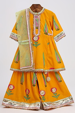 Haldi Yellow Cotton Block Printed Kurta Set For Girls by MINIME ORGANICS