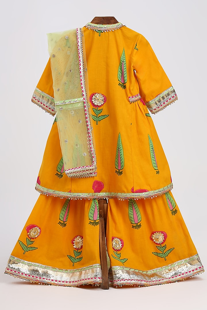 Haldi Yellow Cotton Block Printed Kurta Set For Girls by MINIME ORGANICS at Pernia's Pop Up Shop