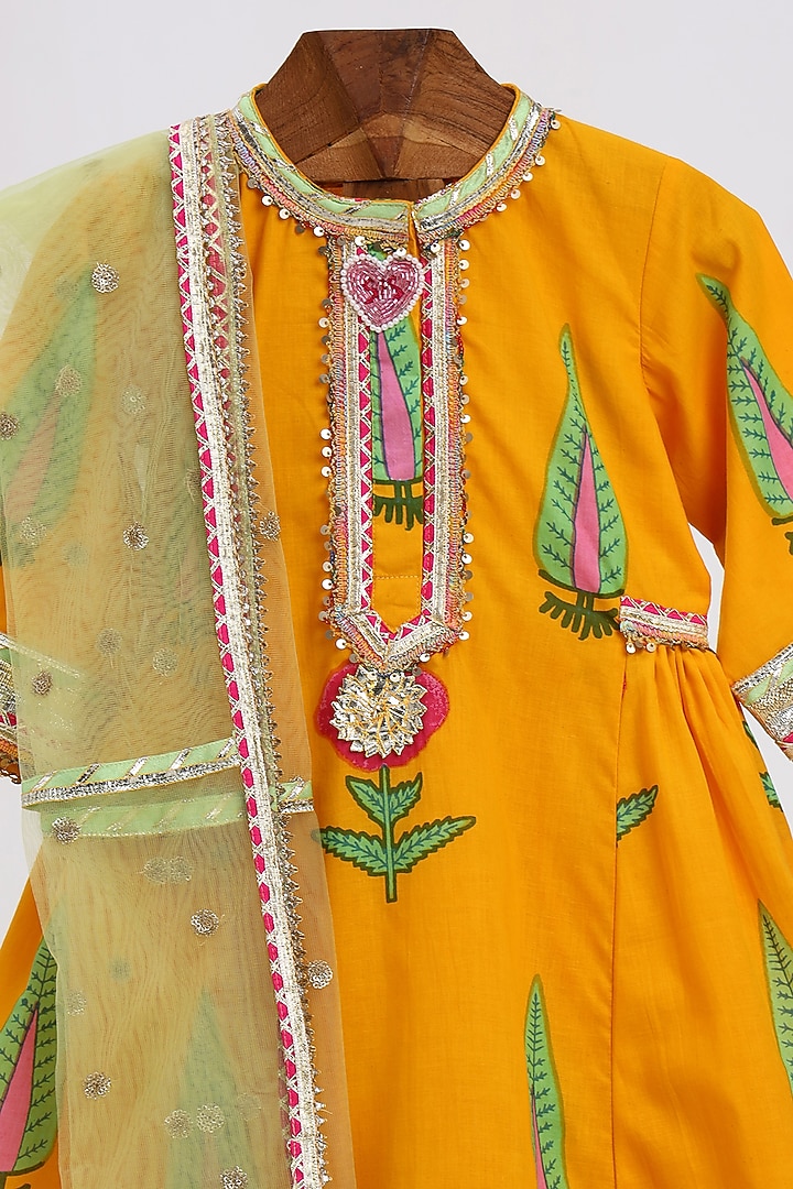 Haldi Yellow Cotton Block Printed Kurta Set For Girls by MINIME ORGANICS at Pernia's Pop Up Shop