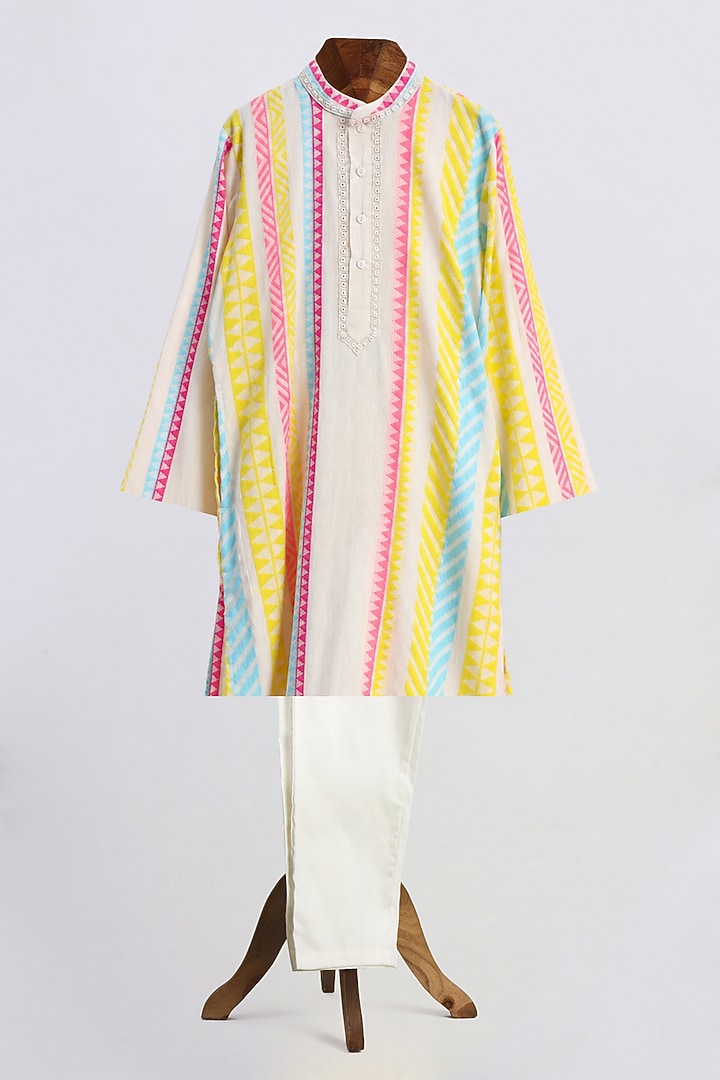 Neon Cotton Embroidered Kurta Set For Boys by MINIME ORGANICS at Pernia's Pop Up Shop