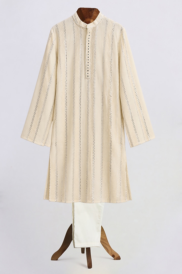 Off-White Lurex Lace Embroidered Kurta Set For Boys by MINIME ORGANICS at Pernia's Pop Up Shop