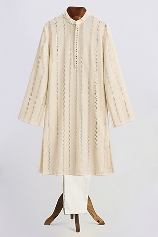 Off-White Lurex Lace Embroidered Kurta Set For Boys by MINIME ORGANICS