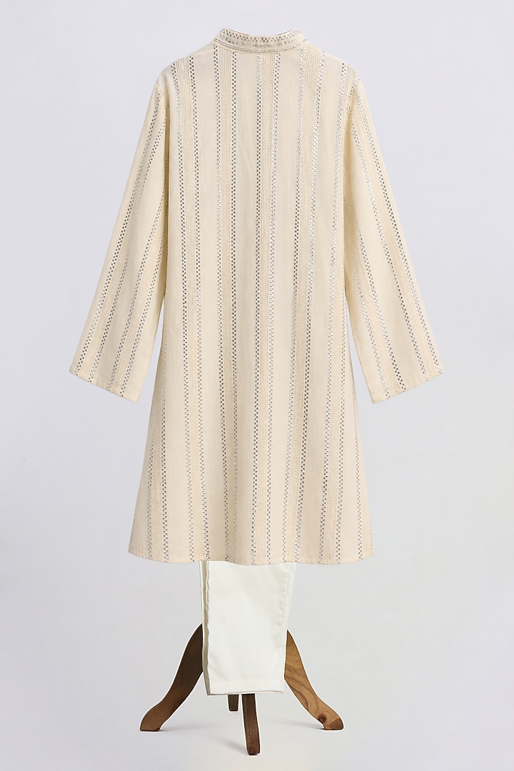 Off-White Lurex Lace Embroidered Kurta Set For Boys by MINIME ORGANICS at Pernia's Pop Up Shop