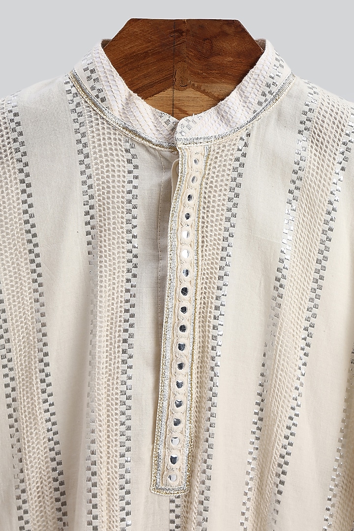 Off-White Lurex Lace Embroidered Kurta Set For Boys by MINIME ORGANICS at Pernia's Pop Up Shop