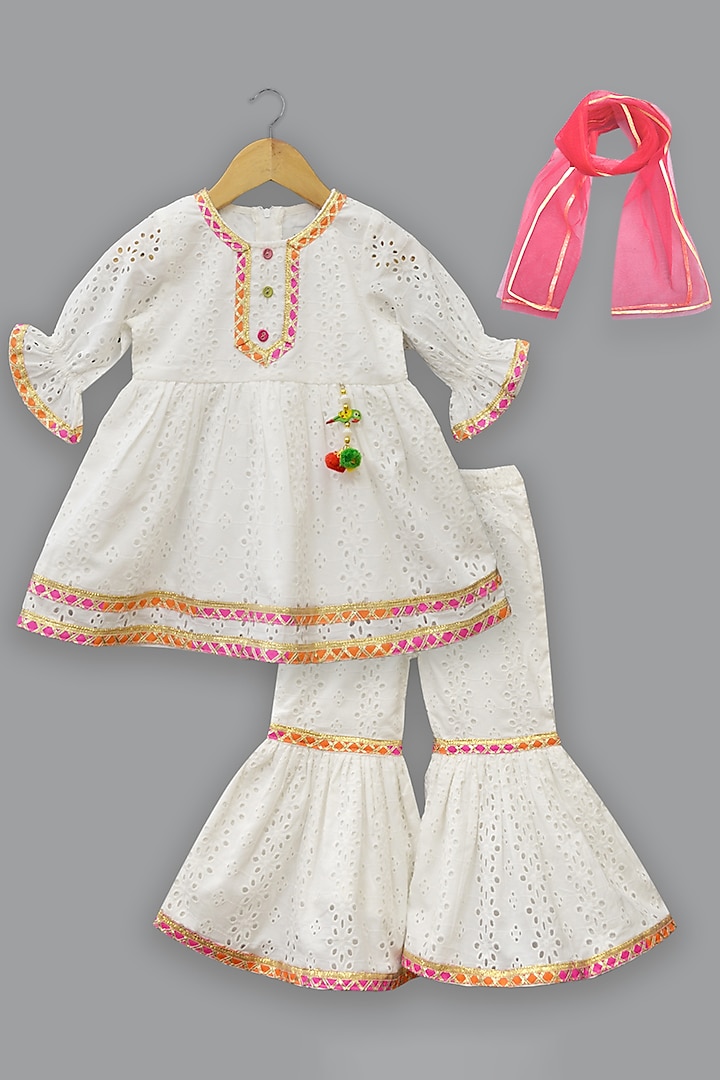 White Linen Embroidered Sharara Set For Girls by A.T.U.N. (All Things Uber Nice) at Pernia's Pop Up Shop