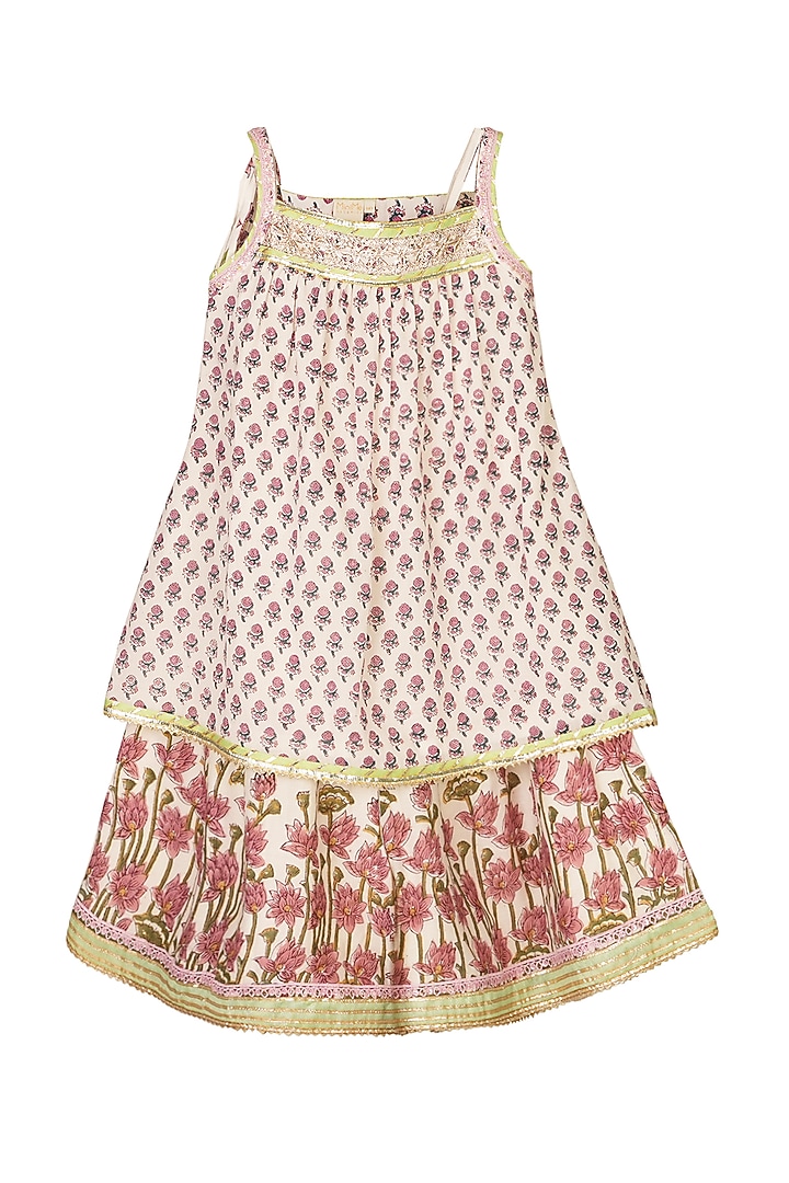 Cream Cotton Block Printed Sharara Set For Girls by MINIME ORGANICS at Pernia's Pop Up Shop