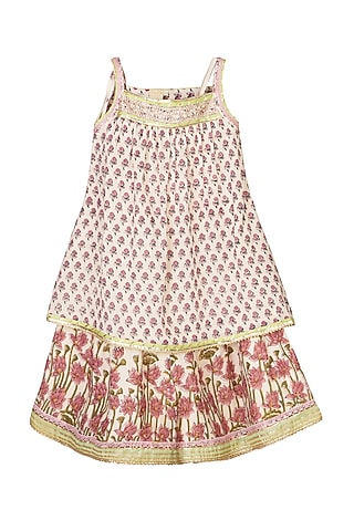Cream Cotton Block Printed Sharara Set For Girls by MINIME ORGANICS