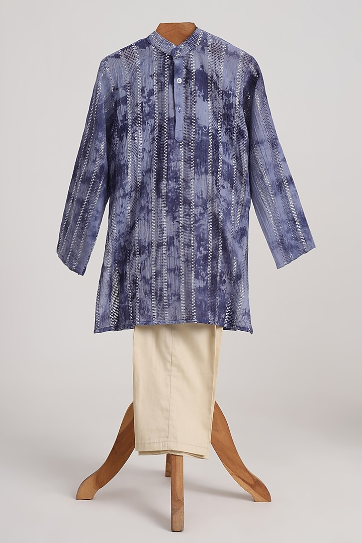 Blue Cotton Lurex Printed Kurta Set For Boys by MINIME ORGANICS at Pernia's Pop Up Shop