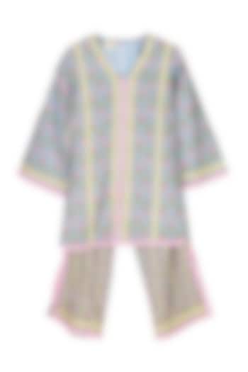 Light Blue Cotton Block Printed Kurta Set For Girls by MINIME ORGANICS at Pernia's Pop Up Shop