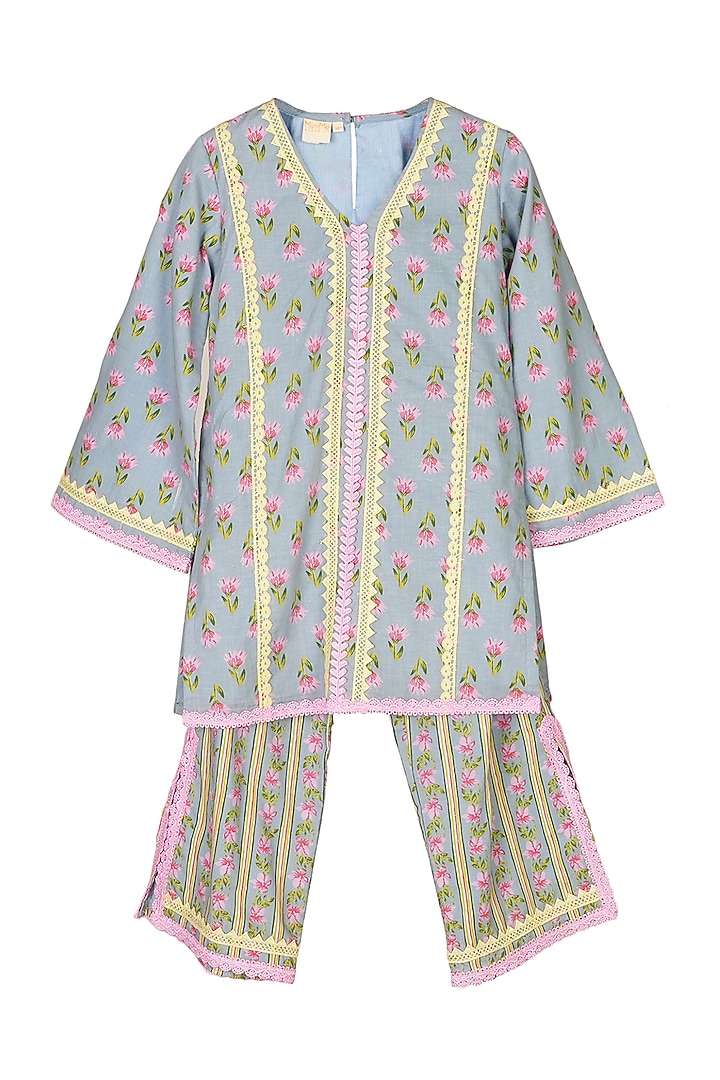 Light Blue Cotton Block Printed Kurta Set For Girls by MINIME ORGANICS at Pernia's Pop Up Shop