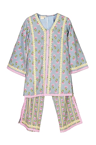Light Blue Cotton Block Printed Kurta Set For Girls by MINIME ORGANICS