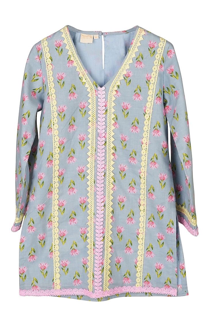 Light Blue Cotton Block Printed Kurta Set For Girls by MINIME ORGANICS at Pernia's Pop Up Shop