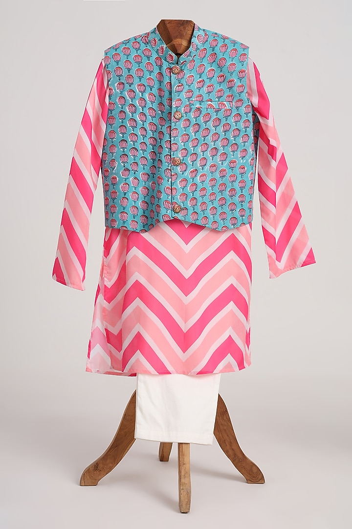 Blue Glaze Cotton Printed Nehru Jacket Set For Boys by MINIME ORGANICS at Pernia's Pop Up Shop