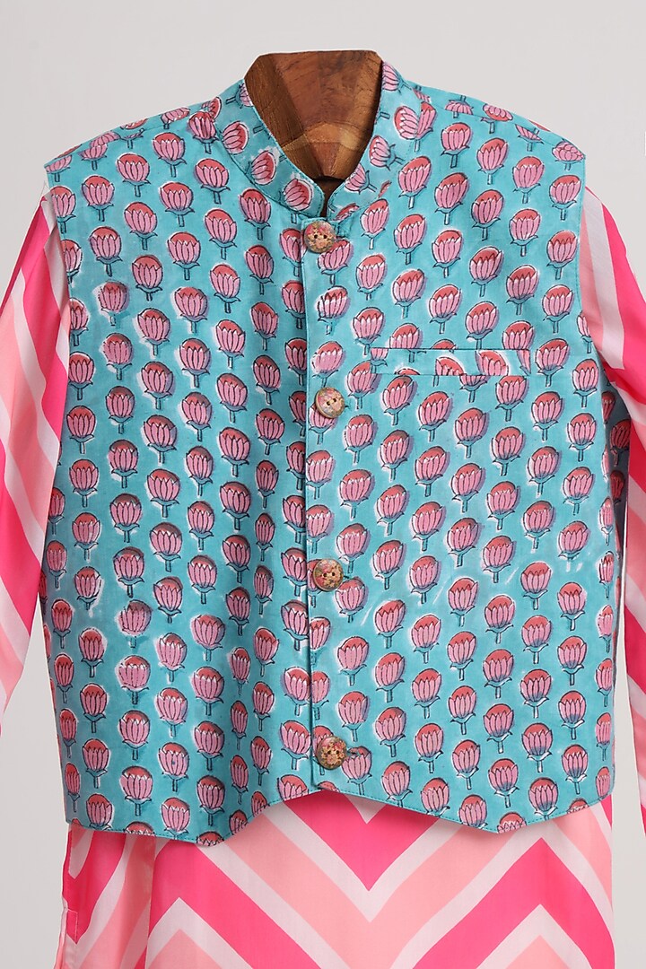 Blue Glaze Cotton Printed Nehru Jacket Set For Boys by MINIME ORGANICS at Pernia's Pop Up Shop