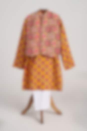 Yellow-Orange Glaze Cotton Floral Printed Nehru Jacket Set For Boys by MINIME ORGANICS at Pernia's Pop Up Shop