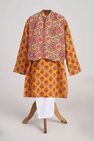 Yellow-Orange Glaze Cotton Floral Printed Nehru Jacket Set For Boys by MINIME ORGANICS