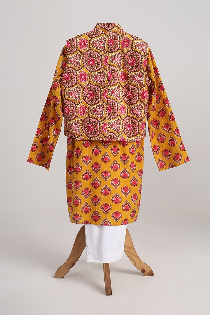 Yellow-Orange Glaze Cotton Floral Printed Nehru Jacket Set For Boys by MINIME ORGANICS at Pernia's Pop Up Shop