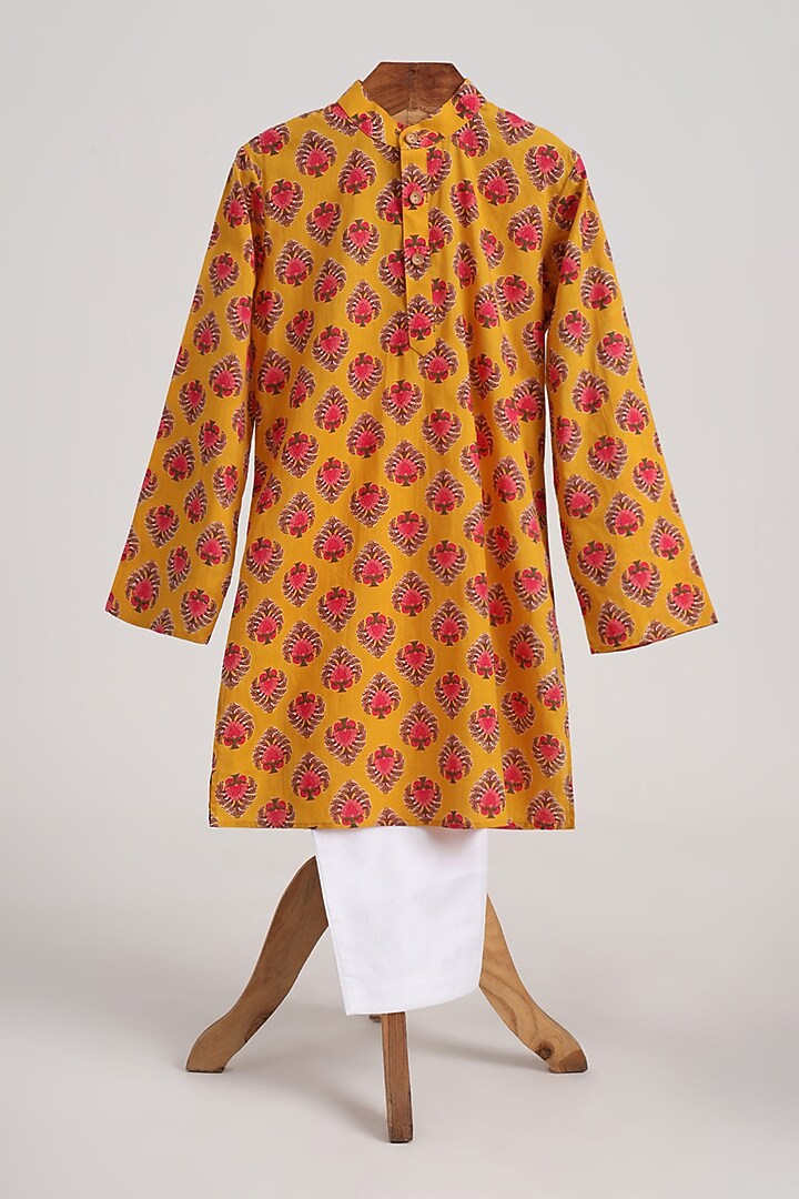 Yellow-Orange Glaze Cotton Floral Printed Nehru Jacket Set For Boys by MINIME ORGANICS at Pernia's Pop Up Shop
