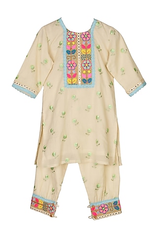 Cream Cotton Printed Kurta Set For Girls by MINIME ORGANICS