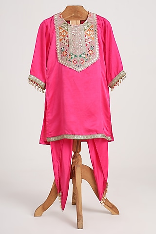 Pink Flat Raw Silk Kurta Set For Girls by MINIME ORGANICS
