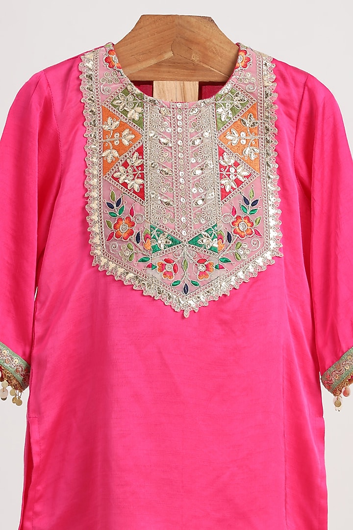 Pink Flat Raw Silk Kurta Set For Girls by MINIME ORGANICS at Pernia's Pop Up Shop