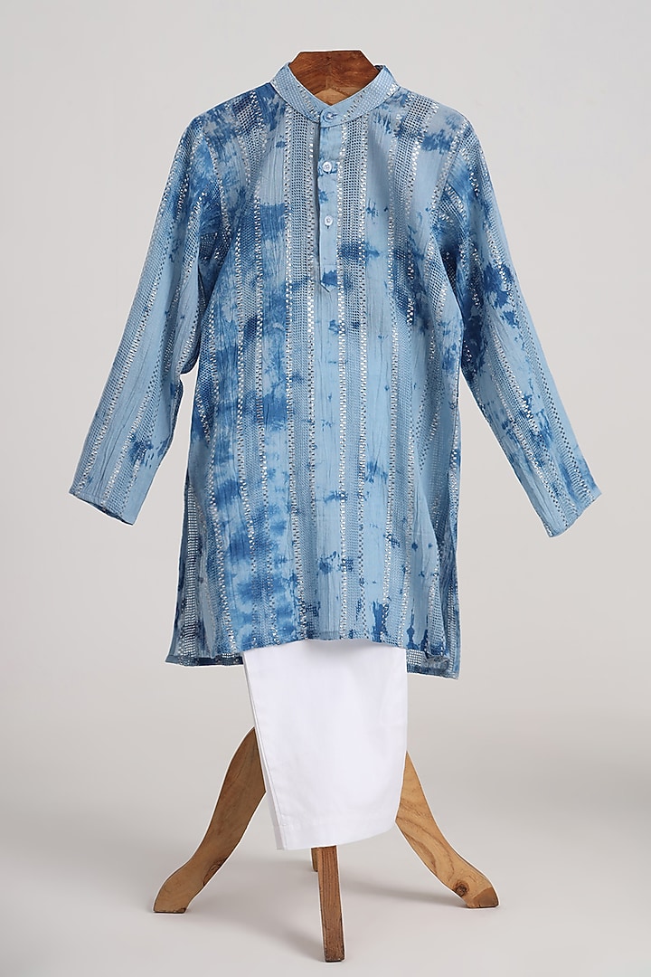 Blue Cotton Lurex Printed Kurta Set For Boys by MINIME ORGANICS at Pernia's Pop Up Shop