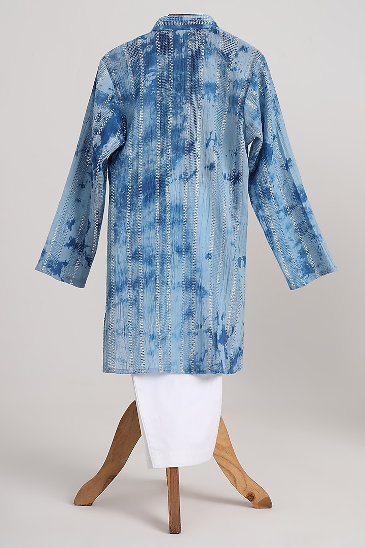 Blue Cotton Lurex Printed Kurta Set For Boys by MINIME ORGANICS at Pernia's Pop Up Shop