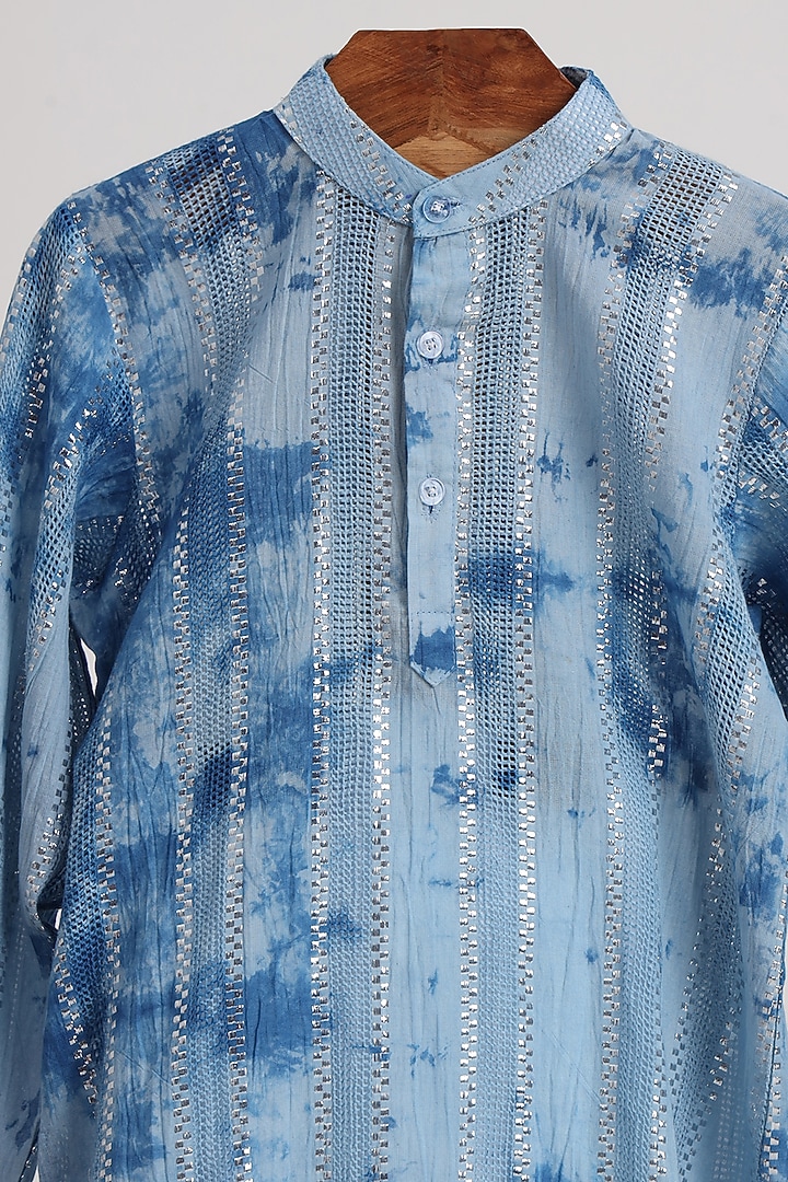 Blue Cotton Lurex Printed Kurta Set For Boys by MINIME ORGANICS at Pernia's Pop Up Shop