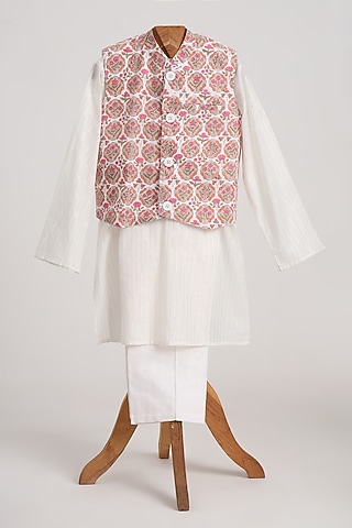 Off-White Glaze Cotton Floral Printed Nehru Jacket Set For Boys by MINIME ORGANICS