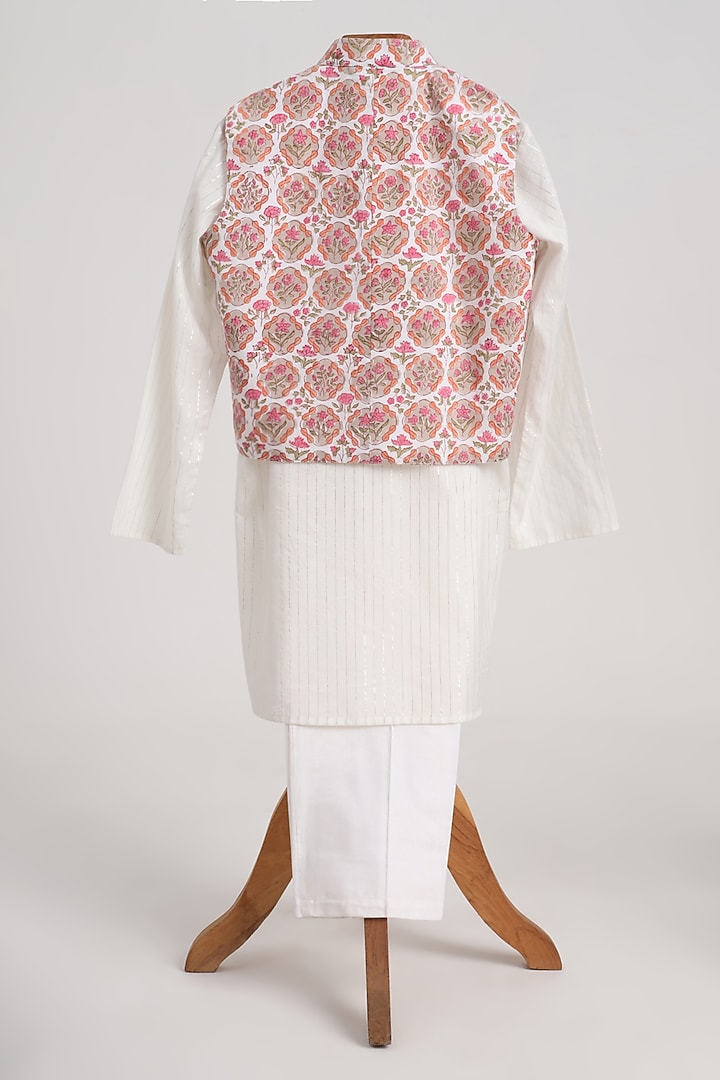 Off-White Glaze Cotton Floral Printed Nehru Jacket Set For Boys by MINIME ORGANICS at Pernia's Pop Up Shop