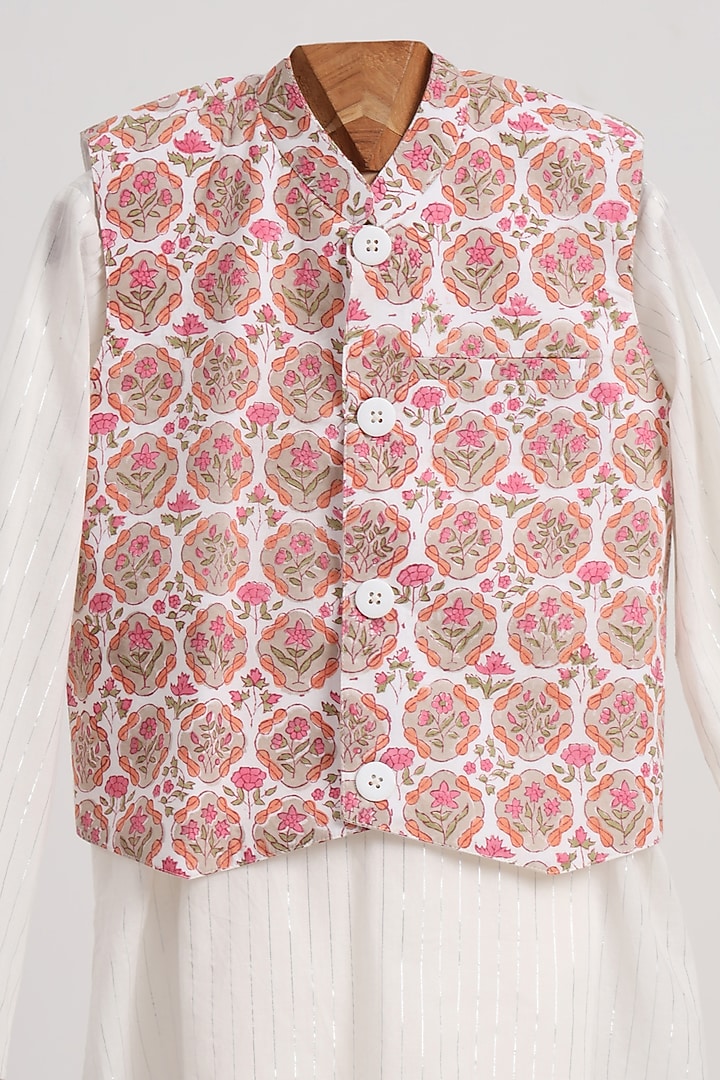 Off-White Glaze Cotton Floral Printed Nehru Jacket Set For Boys by MINIME ORGANICS at Pernia's Pop Up Shop