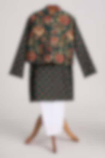 Bottle Green Glazed Cotton Floral Printed Nehru Jacket Set For Boys by MINIME ORGANICS at Pernia's Pop Up Shop