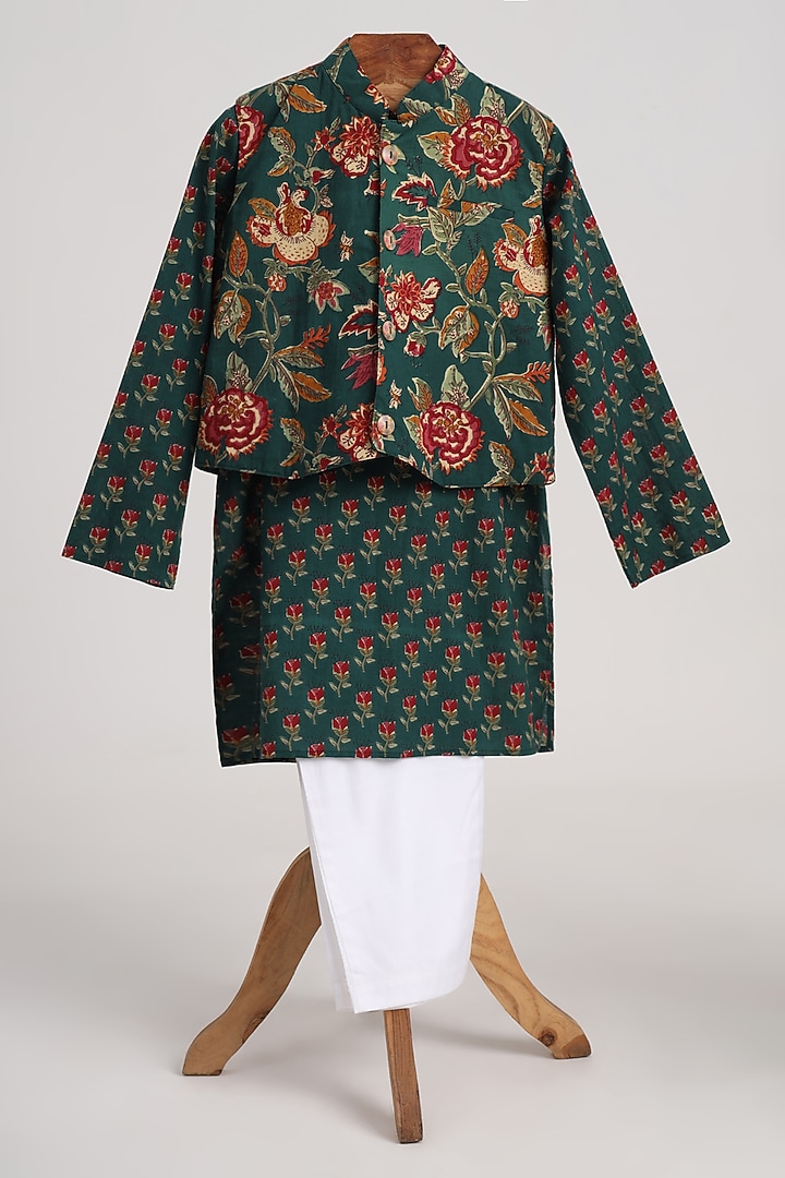 Bottle Green Glazed Cotton Floral Printed Nehru Jacket Set For Boys by MINIME ORGANICS at Pernia's Pop Up Shop