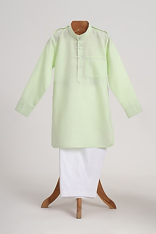 Light Green Cotton Linen Kurta Set For Boys by MINIME ORGANICS