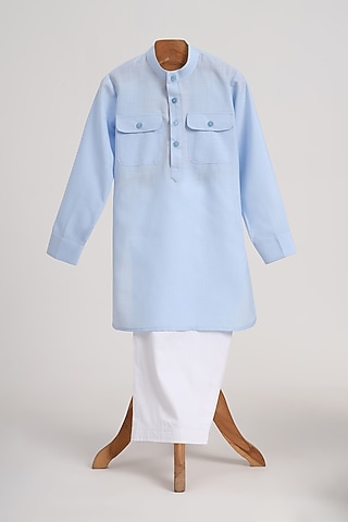 Light Blue Cotton Linen Kurta Set For Boys by MINIME ORGANICS